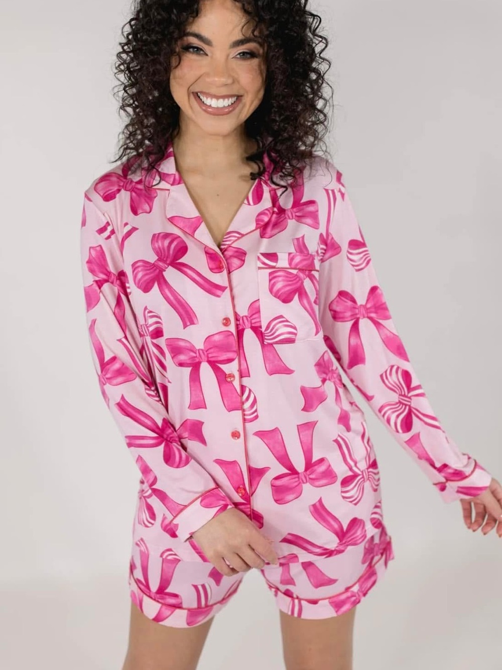 In My Sundays Women’s Pink Bow-Print Long-Sleeve Pajama Set